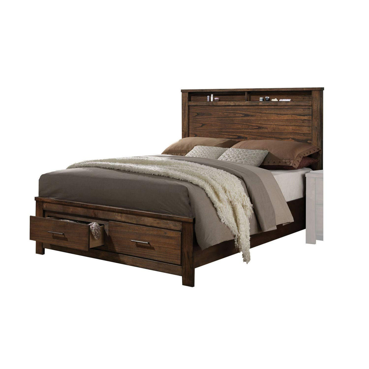 Wooden Eastern King Size Bed with Open Shelves and Drawers, Brown