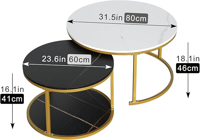 Nesting Round Coffee Table 2 Sets, Marble Look Wood Side Table