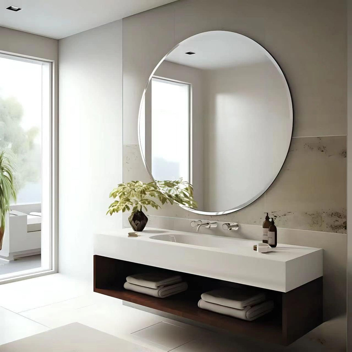 Round Frameless Wall Mirror with Beveled Edge - Circle Mirror for Bathroom & Vanity,