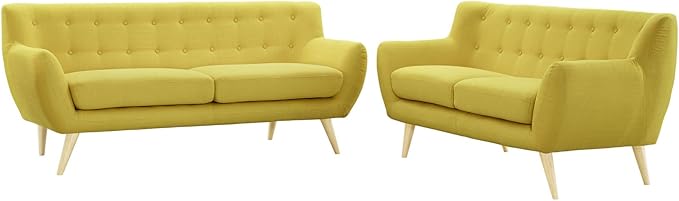 Remark Mid-Century Modern Upholstered Fabric Living Room Set, Loveseat and Sofa