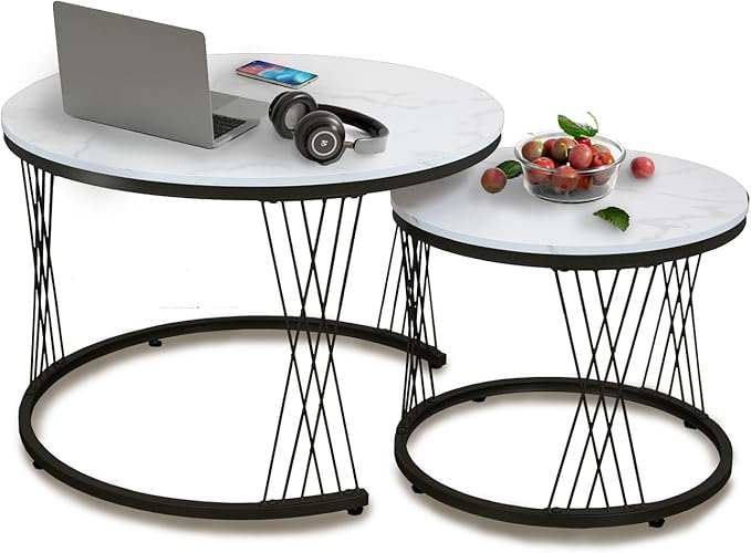 Nesting Coffee Table Set of 2, Round Side Tables for Living Room, Apartment (Gold)