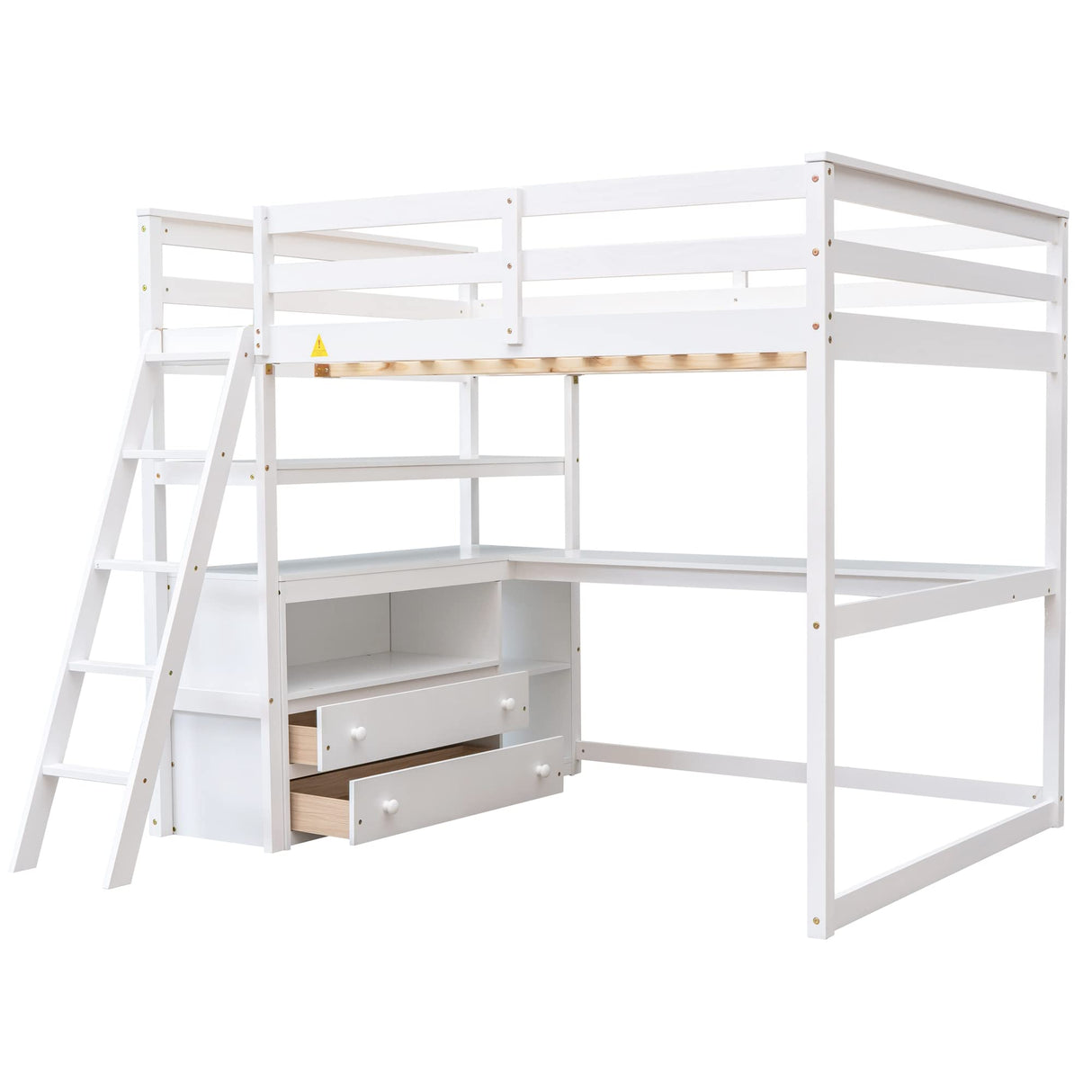 Full Size Loft Bed with Desk and Storage, Solid Wood Loft Bed Frame