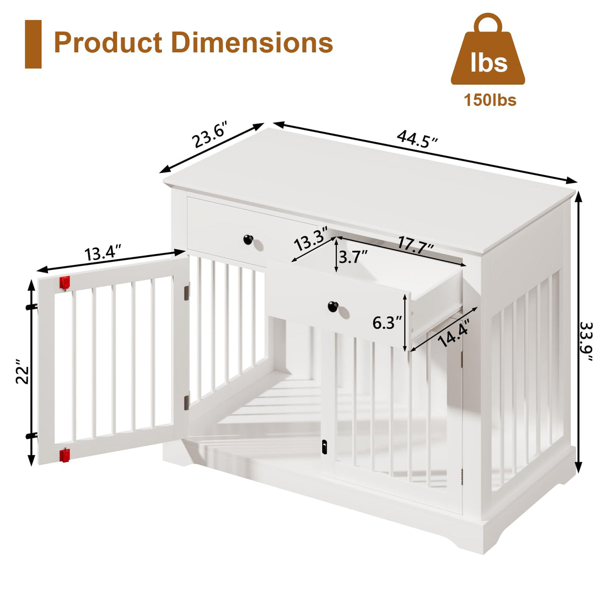 44" Large Dog Crate Furniture with Drawers - White Wooden Kennel End Table