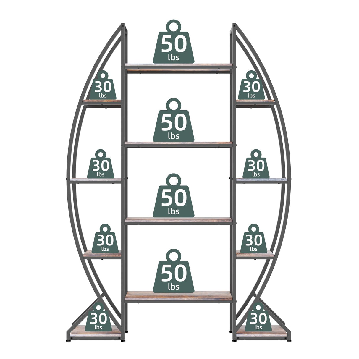 Large Oval Bookshelf – 70” Tall, 5-Tier Industrial Metal & Wood Bookcase