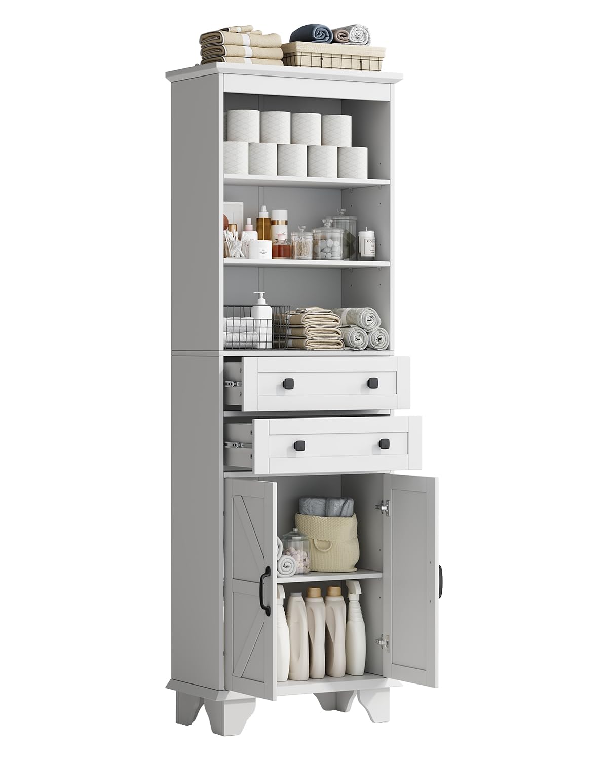 72" Tall Bathroom Storage Cabinet, Farmhouse Storage Cabinet with 2 Drawers