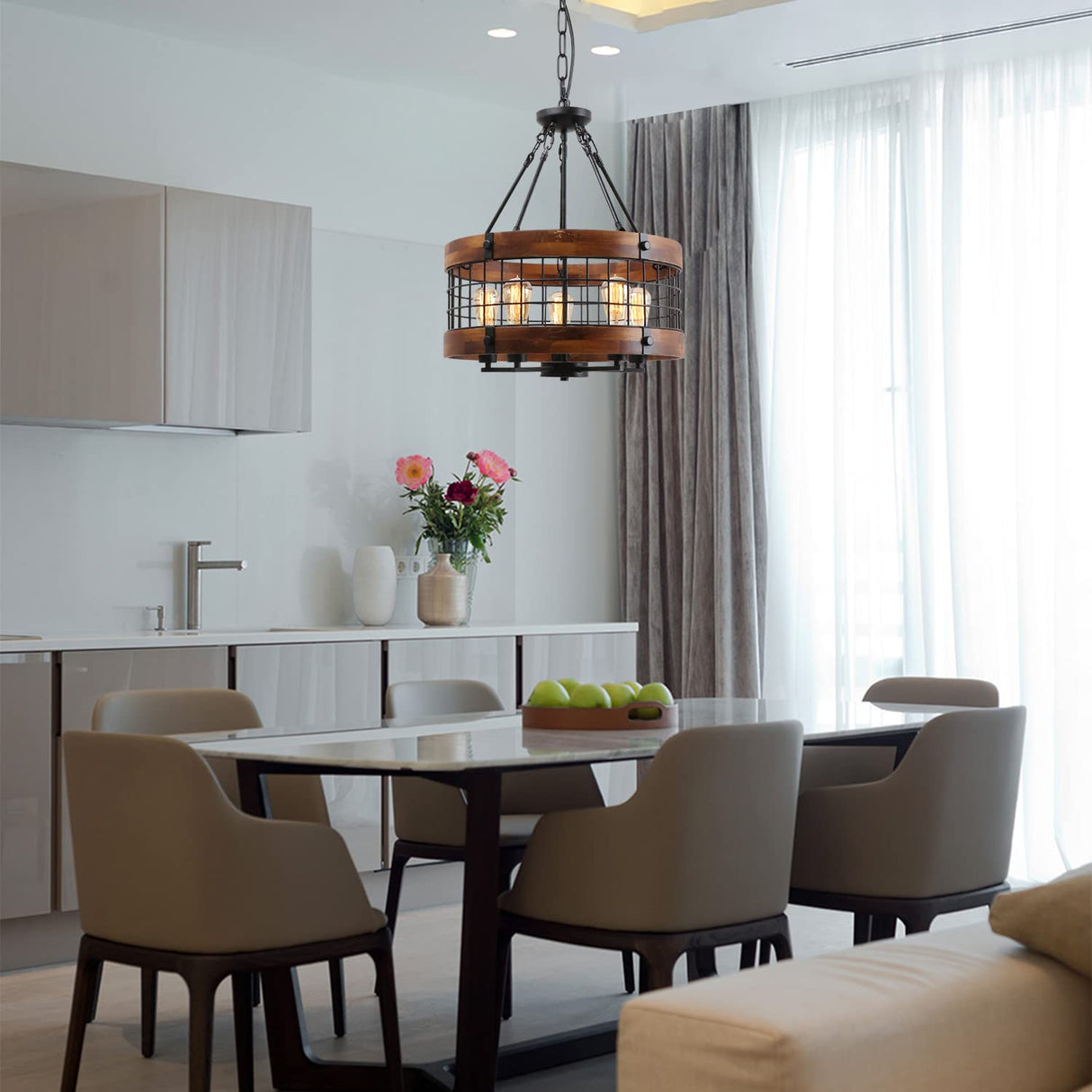 Farmhouse Chandelier for Dining Room, 5-Light Rustic Round Wood Metal Chandelier