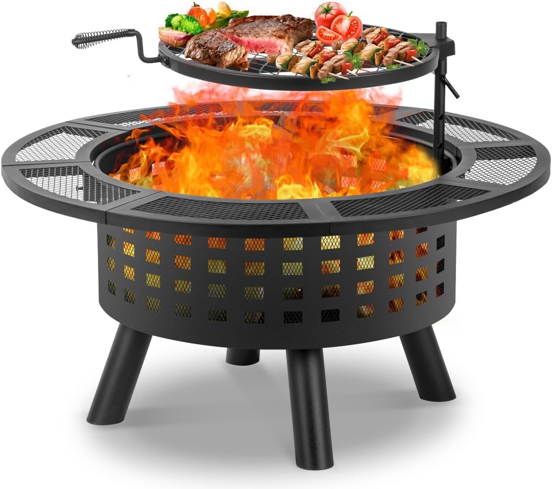 Verdeluxe 36 inch Outdoor Fire Pit with Grill,Wood Burning Firepits for Outside with Lid & Fire Poker,Metal 3 - in - 1 Fire Pit Table with Cooking Grate,Outdoor Fireplaces for Bonfire,Yard,Patio,BBQ - Bircata
