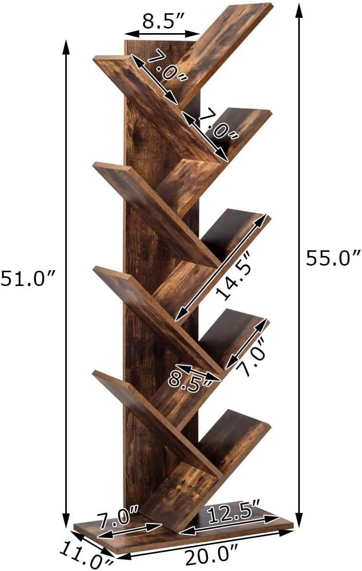 Tree Bookshelf, 9-Shelf Floor Standing Bookcase, Space Saving CDs/Albums/Books Holder for Living Room, Home Office, Book Organizer w/Anti-toppling Device (Rustic Brown)