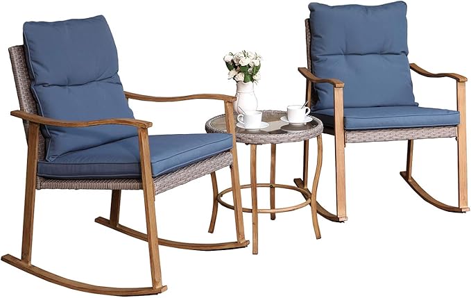 3 Piece Bistro Set Patio Rocking Chairs Outdoor Furniture w Warm Gray Cushions