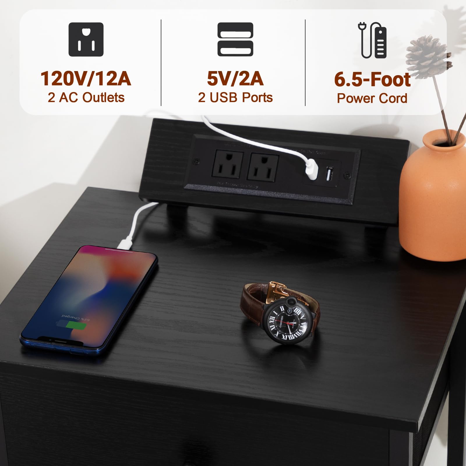 Night Stand, Black Nightstand Set of 2