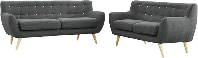 Remark Mid-Century Modern Upholstered Fabric Living Room Set, Loveseat and Sofa