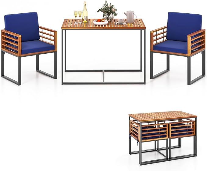 3 Pieces Outdoor Dining Set, Patio PE Rattan Furniture Set with Folding Backrest