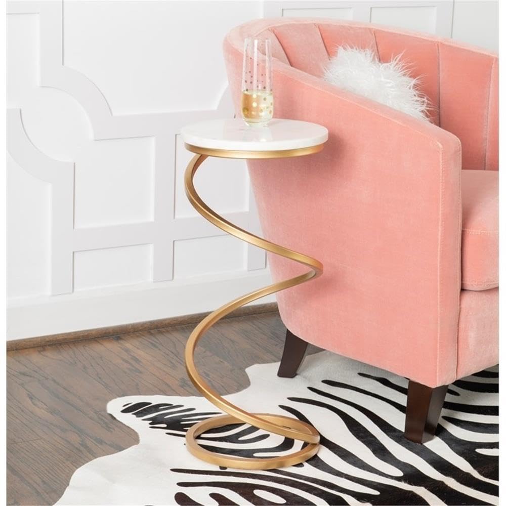 Round Modern Metal & Marble Drink Table w/Spiral Base in Gold/White