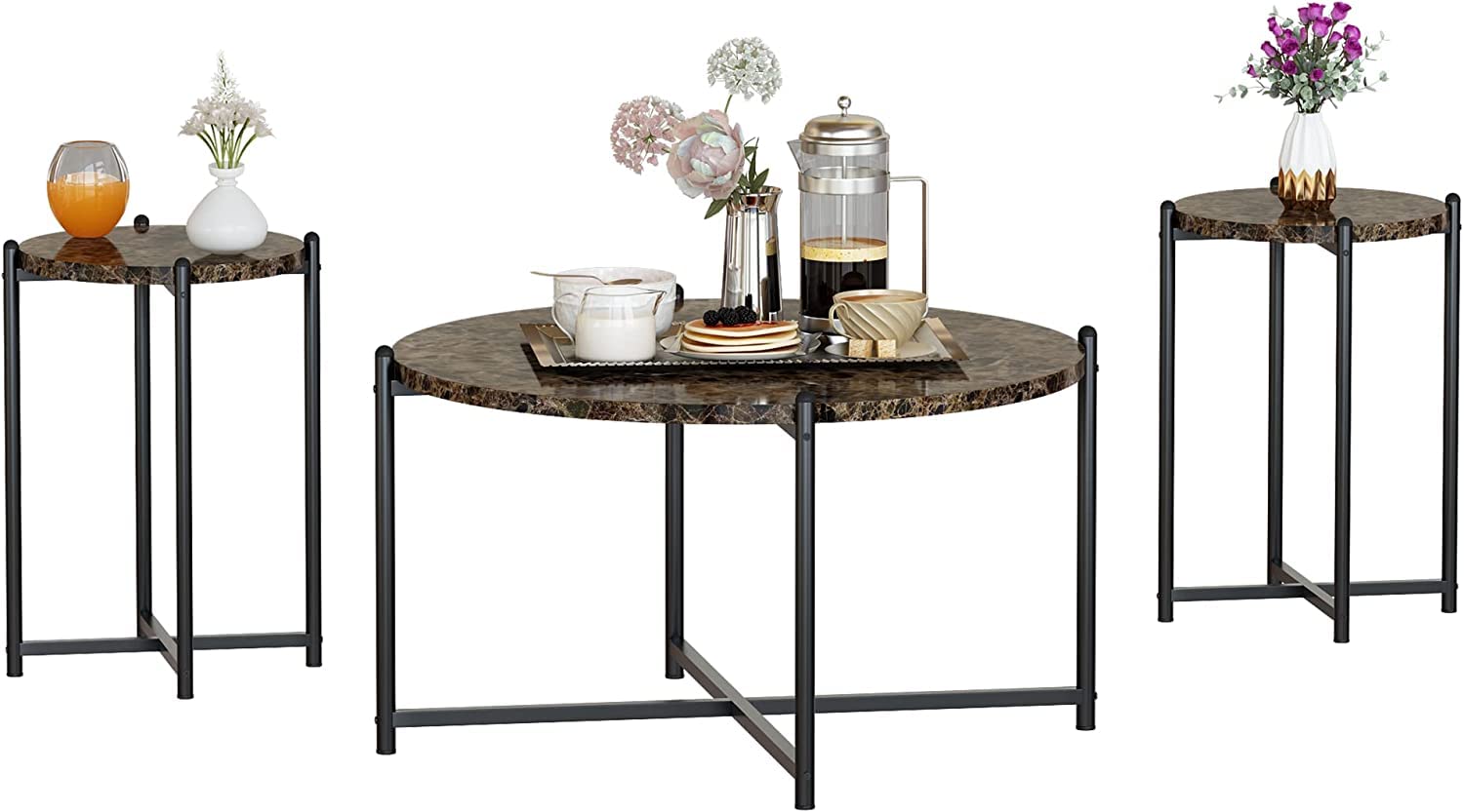 Coffee Table Set of 3, TableSet with Marble Tabletop and Metal Frame