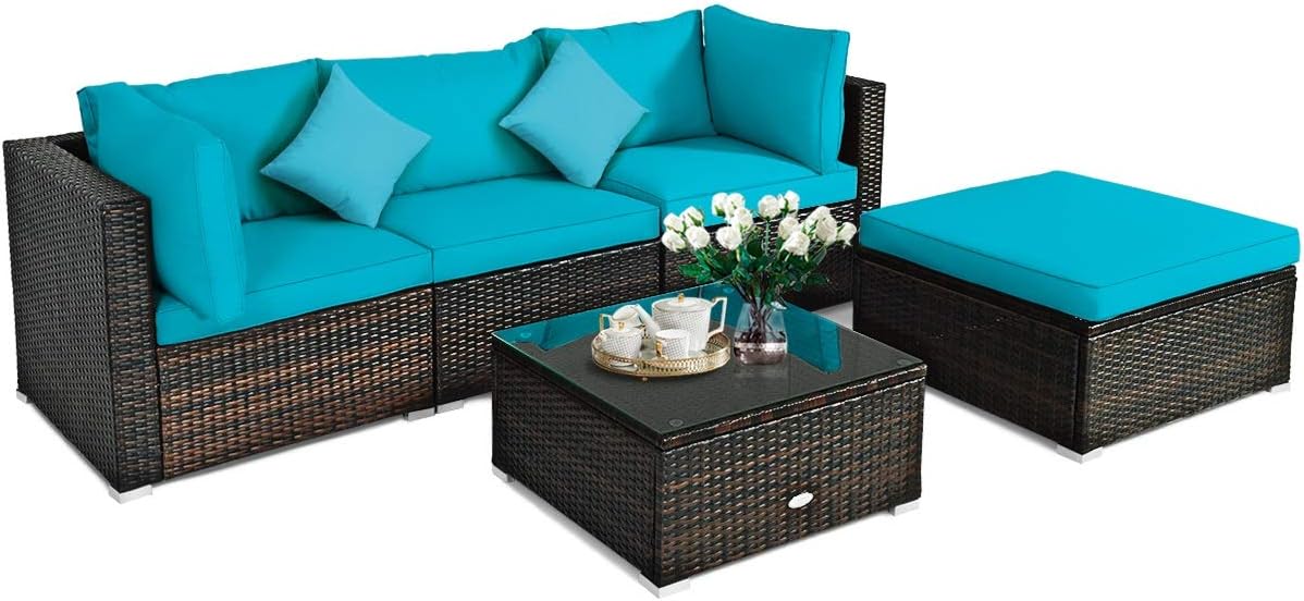 5-Piece Outdoor Patio Conversation Set with Cushions - Rattan Wicker Sectional Sofa & Coffee Table