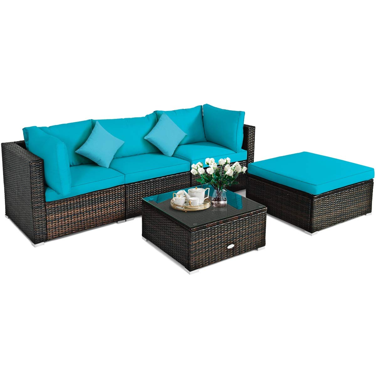 5-Piece Outdoor Patio Conversation Set with Cushions - Rattan Wicker Sectional Sofa & Coffee Table