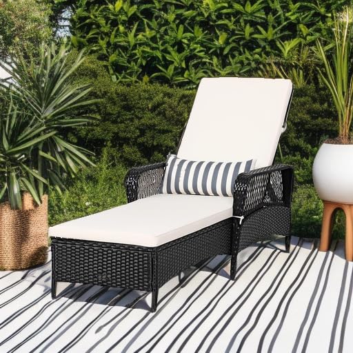 Tangkula Patio Wicker Chaise Lounge Chair, Outdoor Rattan Reclining Chaise w/ 6-Gear Adjustable Backrest, Thick Padded Cushion & Removable Lumbar Pillow, Ideal for Lawn, Beach, Balcony (Black)