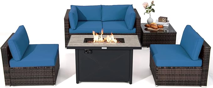 6 Pieces PE Rattan Wicker Sectional Sofa with 42" 60,000 BTU Gas Fire Pit Table