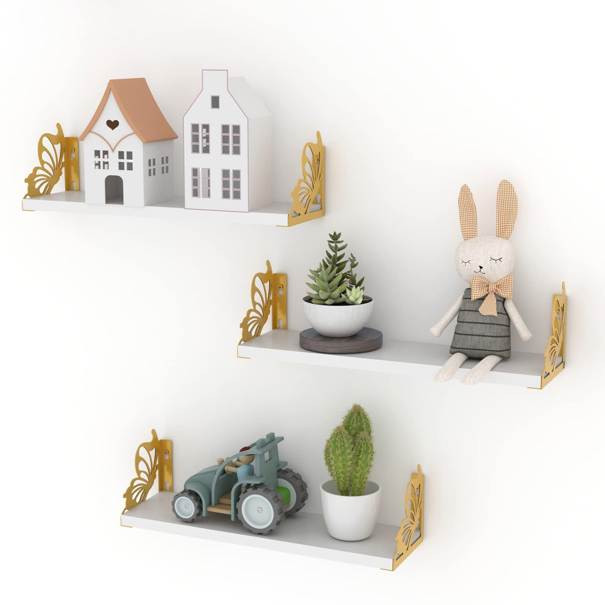 3 Pack Butterfly Wall Shelves, White Gold Floating Book Shelves, for Mother, Mom