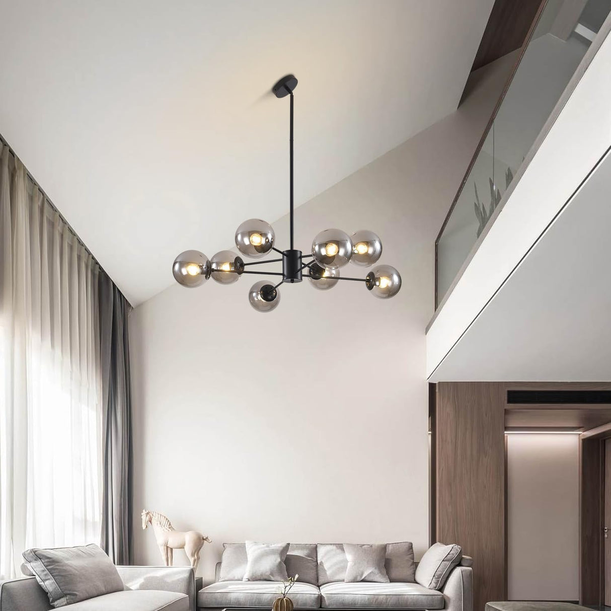 BOKT Mid Century Modern Matte Black Chandelier 8-Lights Globe Glass Ball Chandelier Flush Mount Ceiling Light Industrial Vintage Farmhouse Kitchen Island Pendant Lighting Fixture