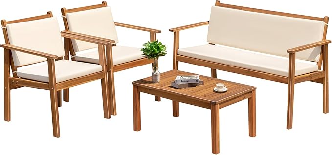 Outdoor Patio Furniture, 4 Piece Bistro Sofa Set with Coffee Table and Loveseat