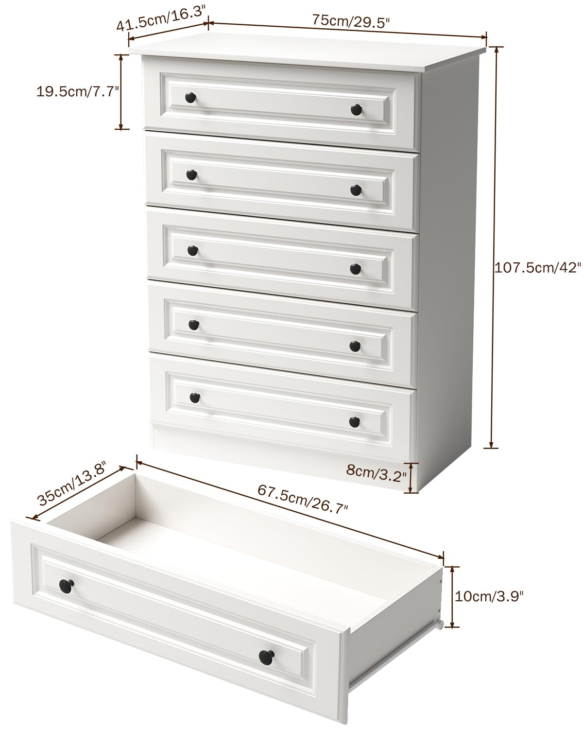 White 5-Drawer Tall Dresser with Wood Top, Modern Storage Tower for Bedroom, Closet, Living Room, Entryway, Hallway