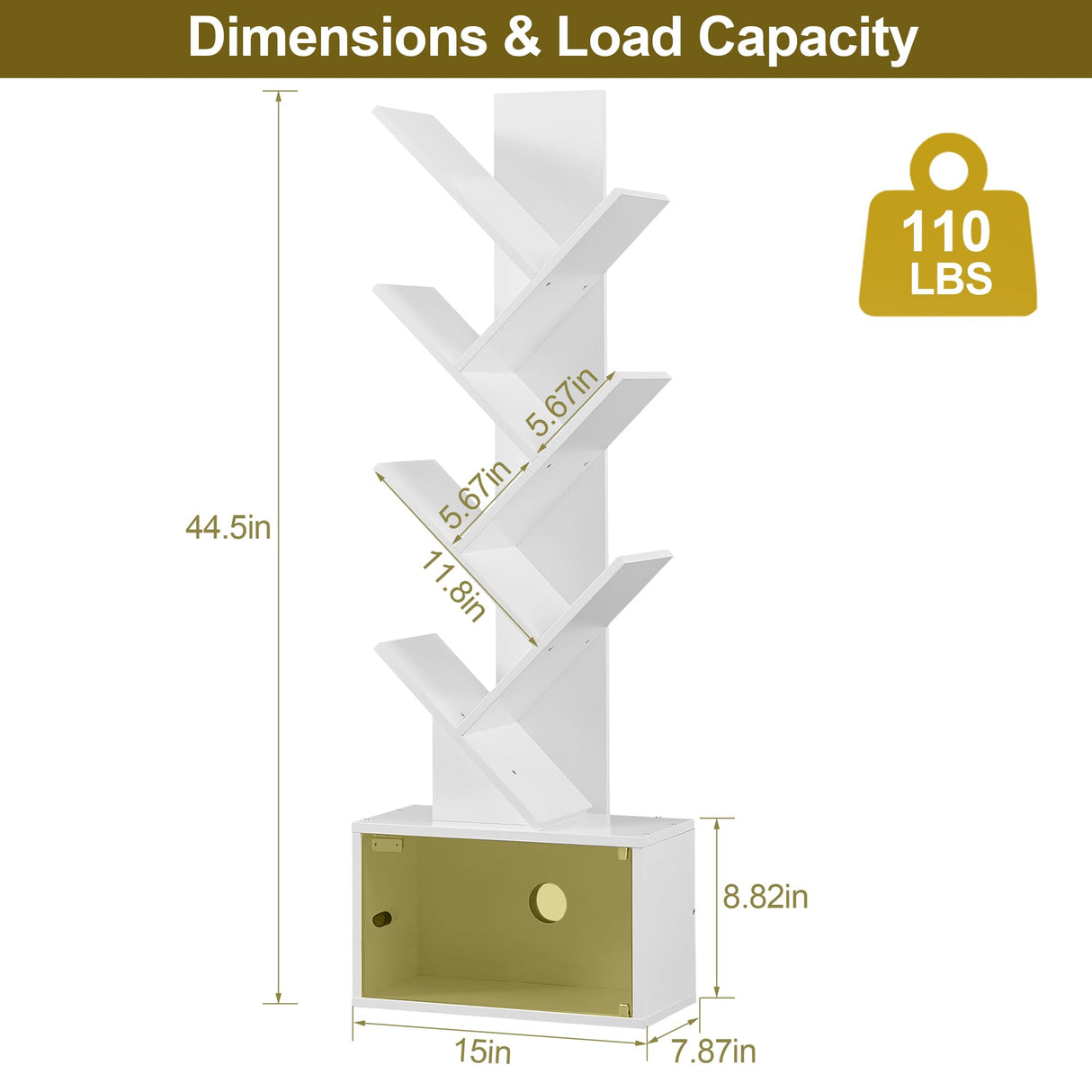 7-Tier Tree Bookshelf with Drawer, Wooden Tree-Shaped Book Display Shelves for CDs/Magazines/Books, FreeStanding Geometric Bookcase Organizers for Home Office, Ivory White