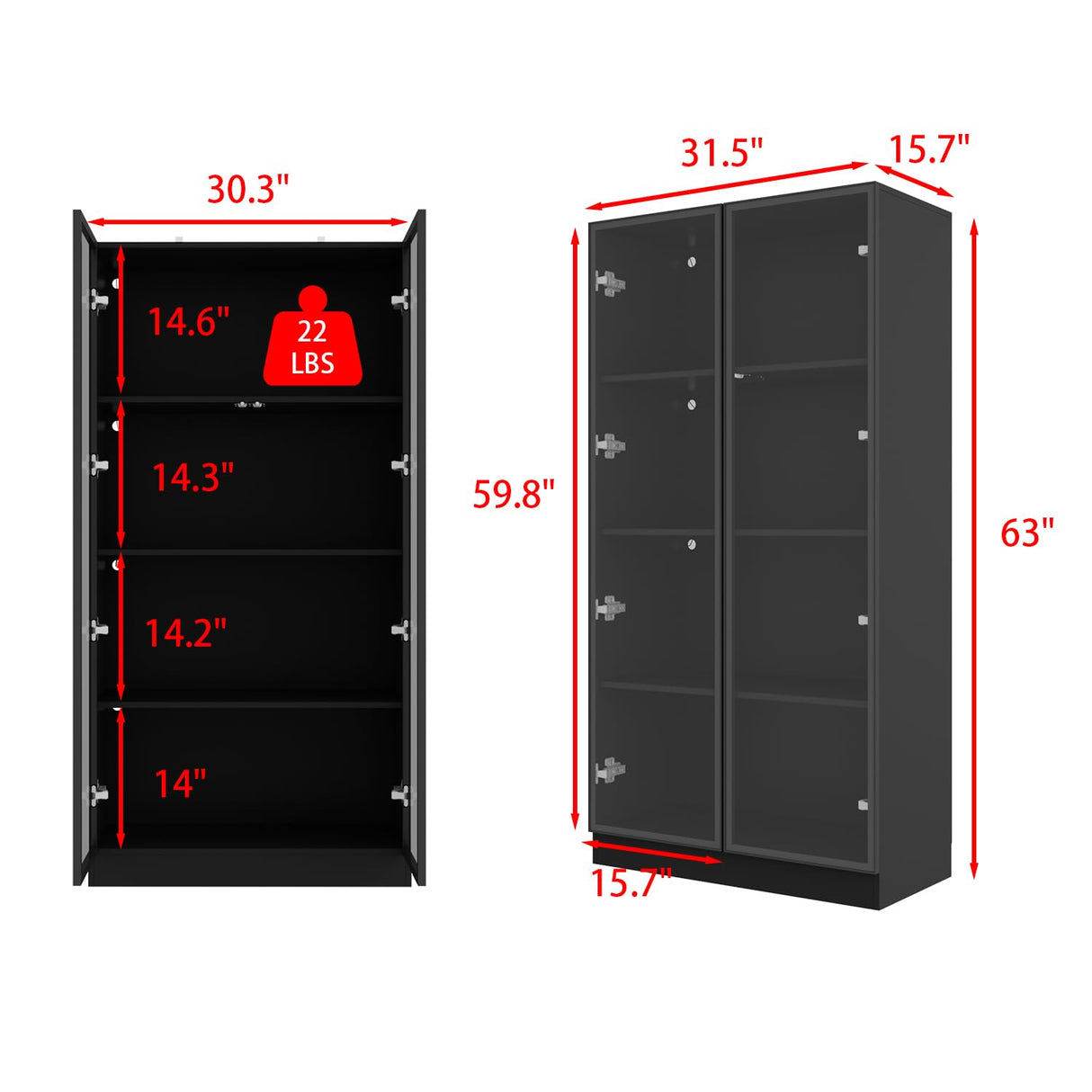 63”H Tall Glass Bookcase Display Cabinet with Lights, 4 Tier Shelves & 2 Glass Doors, Modern Bookshelf Organizer Glass Cabinet for Home Office, Living Room, Kitchen, Garage (Black)