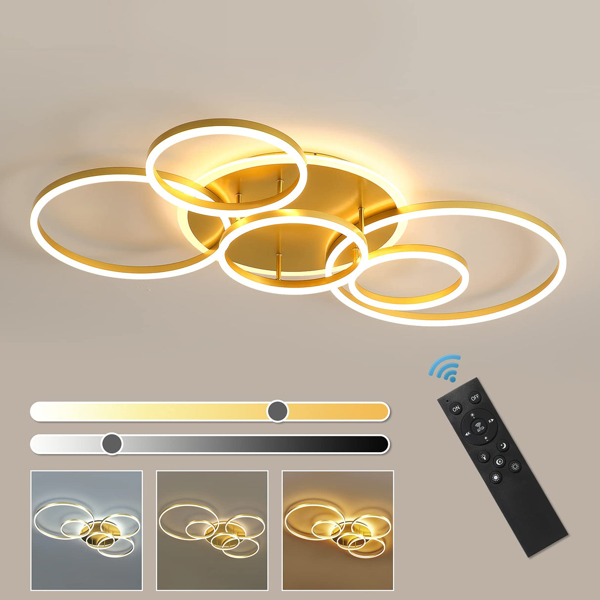 LED Ceiling Light 106W Dimmable LED Acrylic Ceiling Lamp with Remote Control 6 Rings