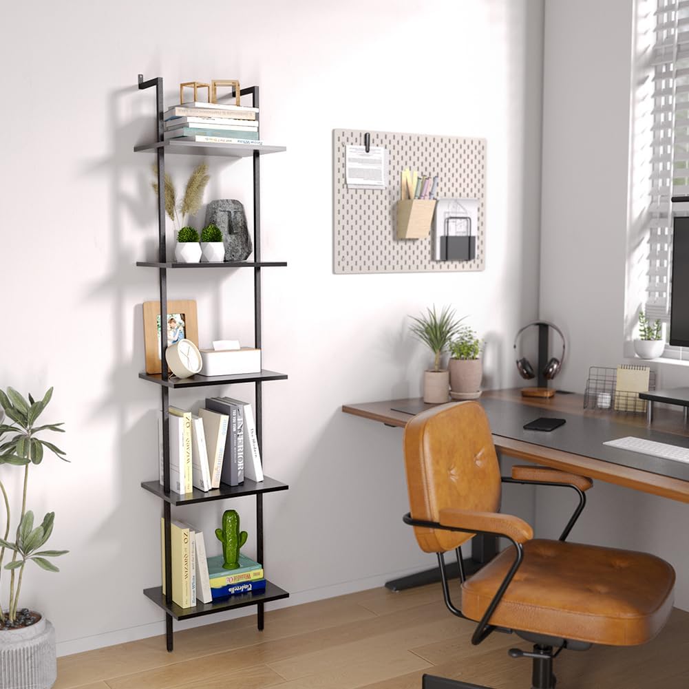 5 Tier Ladder Shelf, 70-Inch Wall Mounted Ladder Bookshelf