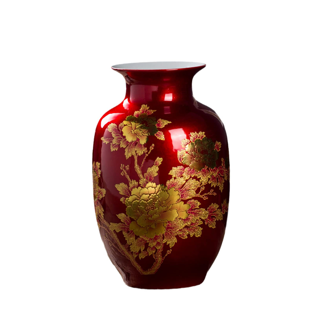 Red Vase Oriental Ceramic Flower Vases Decorated with Peony Design