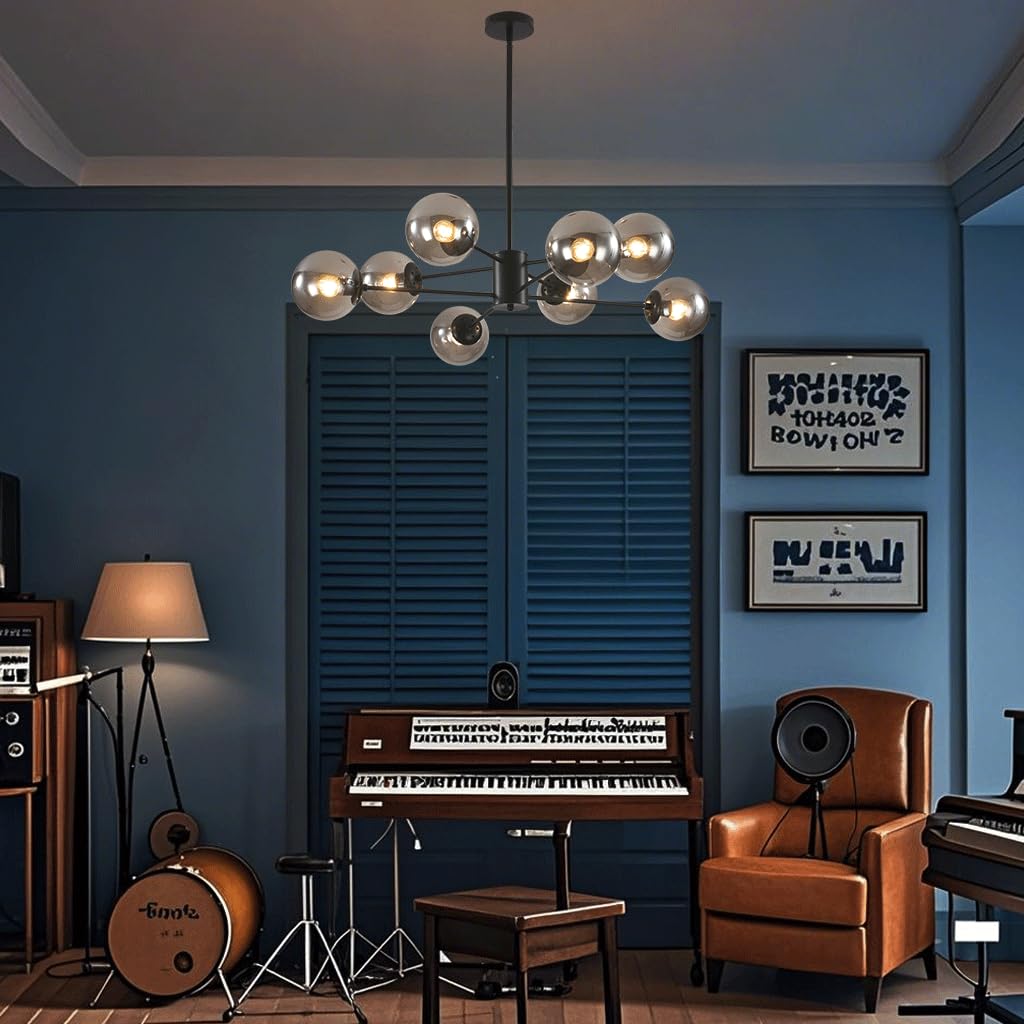 BOKT Mid Century Modern Matte Black Chandelier 8-Lights Globe Glass Ball Chandelier Flush Mount Ceiling Light Industrial Vintage Farmhouse Kitchen Island Pendant Lighting Fixture