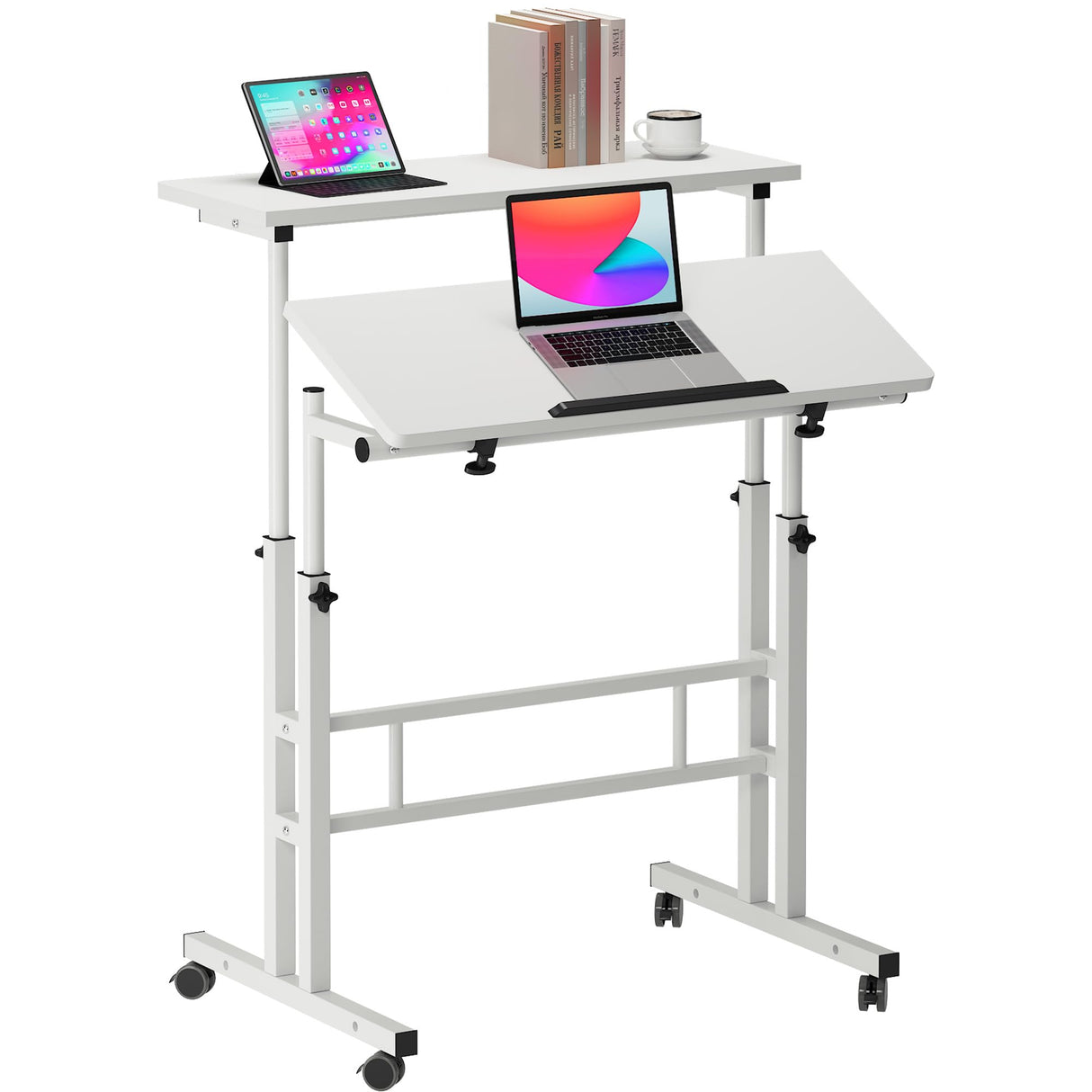 Mobile Standing Desk, Adjustable Laptop Desk with Wheels, Portable Home Office Workstation, Rolling Table Laptop Cart for Standing or Sitting, White