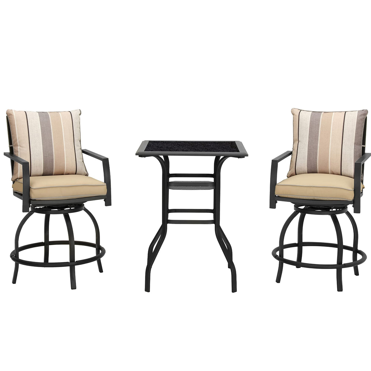LOKATSE HOME Patio Bar Height 2 Outdoor Swivel Chairs and 1 High Glass Top Table, 3 Piece Bistro Set, Beige