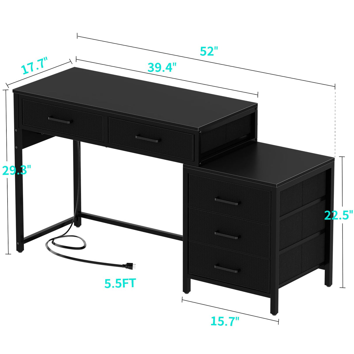 Unikito Reversible Computer Desk with 5 Drawers, Sturdy Office Desk with Power Outlets and USB Ports, Corner Writing Table with File Cabinet & Printer Stand, Vanity Desk with Storage, Black