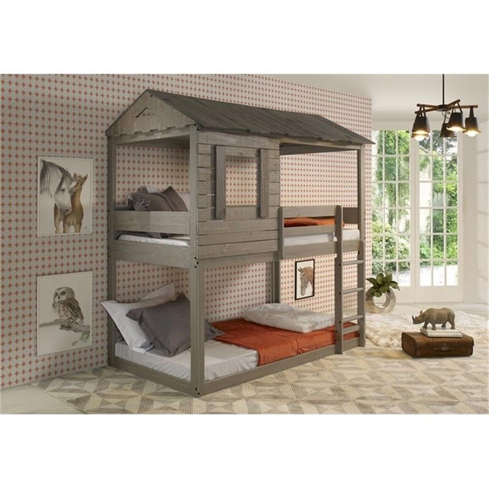 Furniture Darlene Farmhouse Wood Twin Over Twin Bunk Bed in Rustic Gray