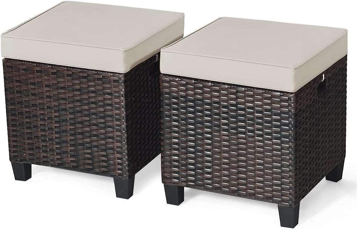 Outdoor Ottoman Set of 2, All Weather Rattan Wicker Patio Ottoman w/Removable