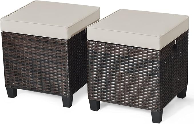 Outdoor Ottoman Set of 2, All Weather Rattan Wicker Patio Ottoman w/Removable