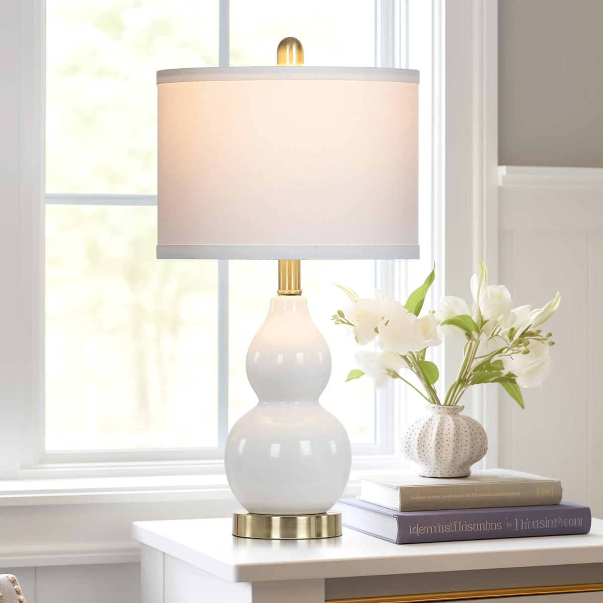 Double Gourd Ceramic Table Lamps Set of 2, Modern White Bedside Lamps for Night Stand