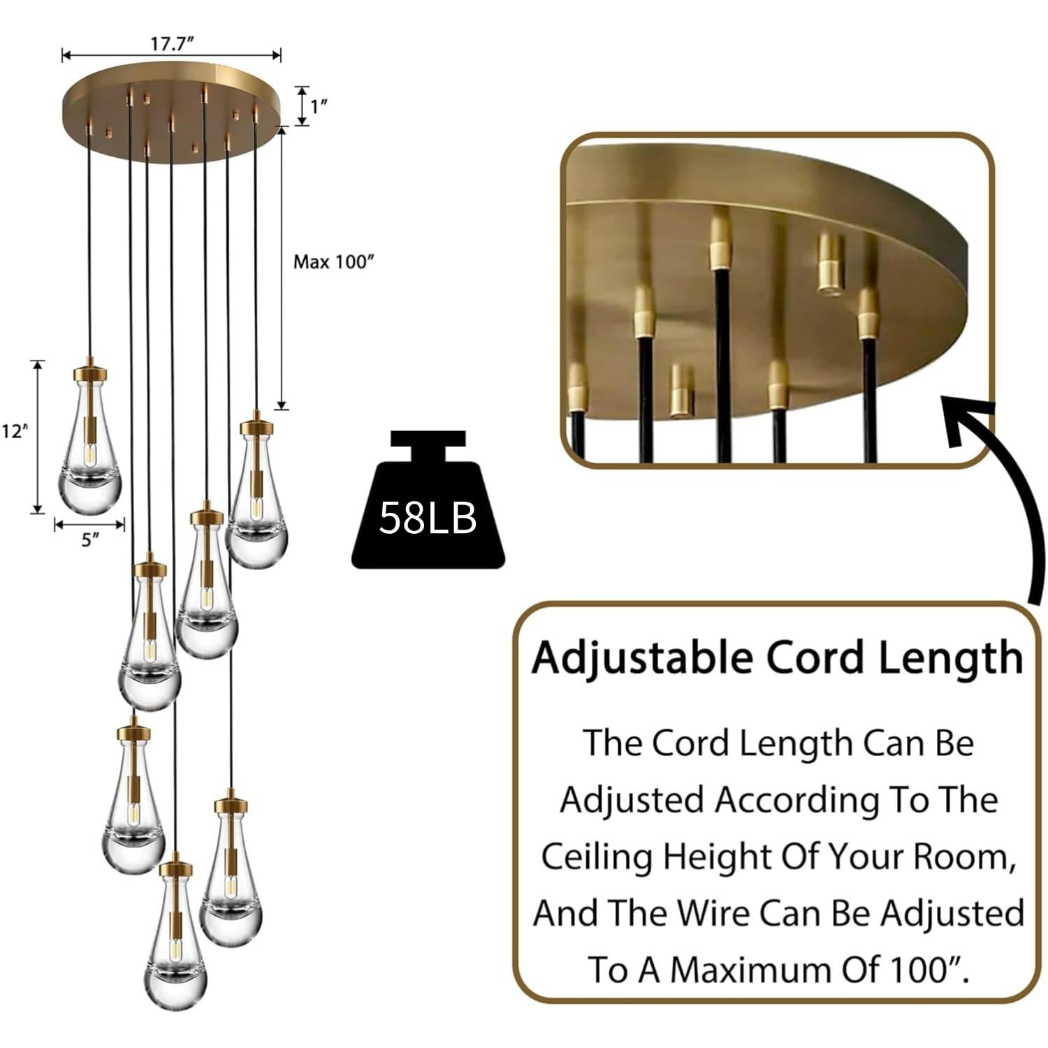 YUEXPAND H100'' High Ceiling Chandelier for Entryway,Modern Raindrop Chandeliers for Living Room,Brass 7 Light Adjustable Rope Teardrop Pendant Lights Kitchen Island for Hallway/Staircase