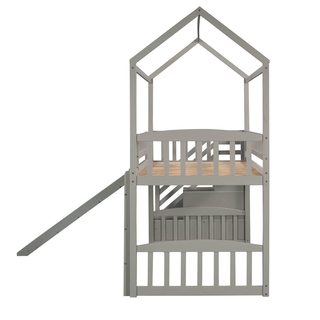 Twin Loft Bed with Stairs and Slide, Wooden House Loft Bed Twin Size