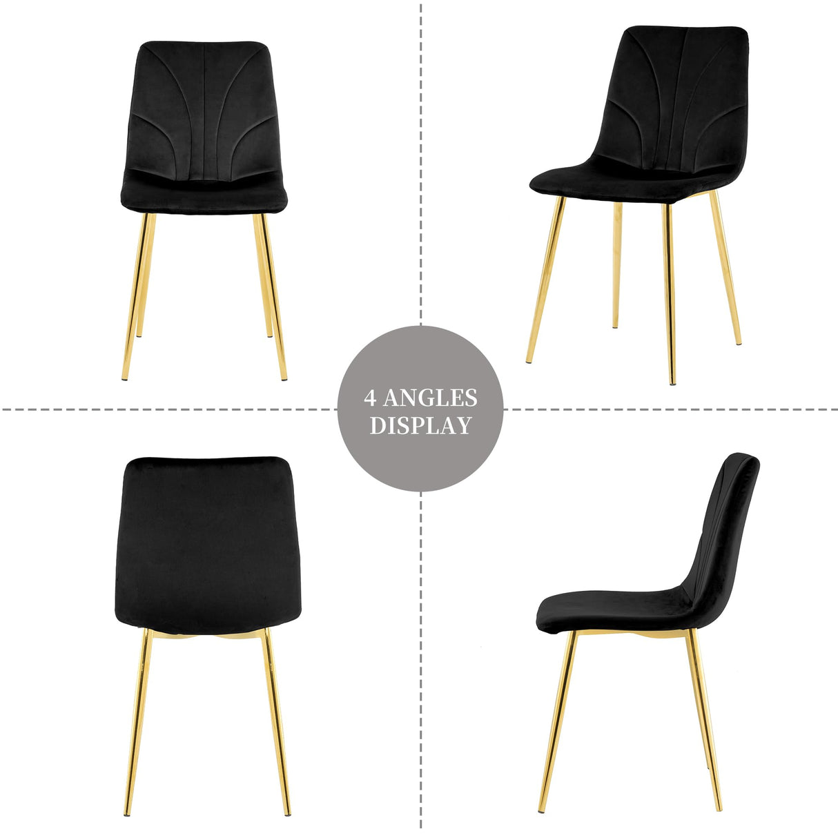 Mid Century Modern Dining Chairs Set of 4 - Black Velvet Upholstered with Metal Legs