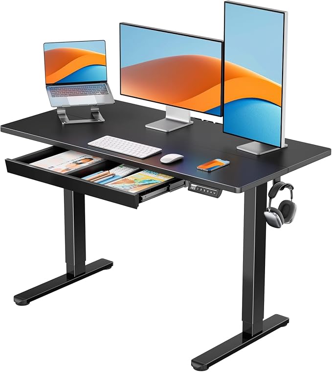 Standing Desk with Drawer, 44 x 24 inch Electric Height Adjustable Desk with 4 Preset Heights & 2 Storage Hooks, Sit Stand Desk with Drawer, Computer Home Office Desk with Splice Board, White