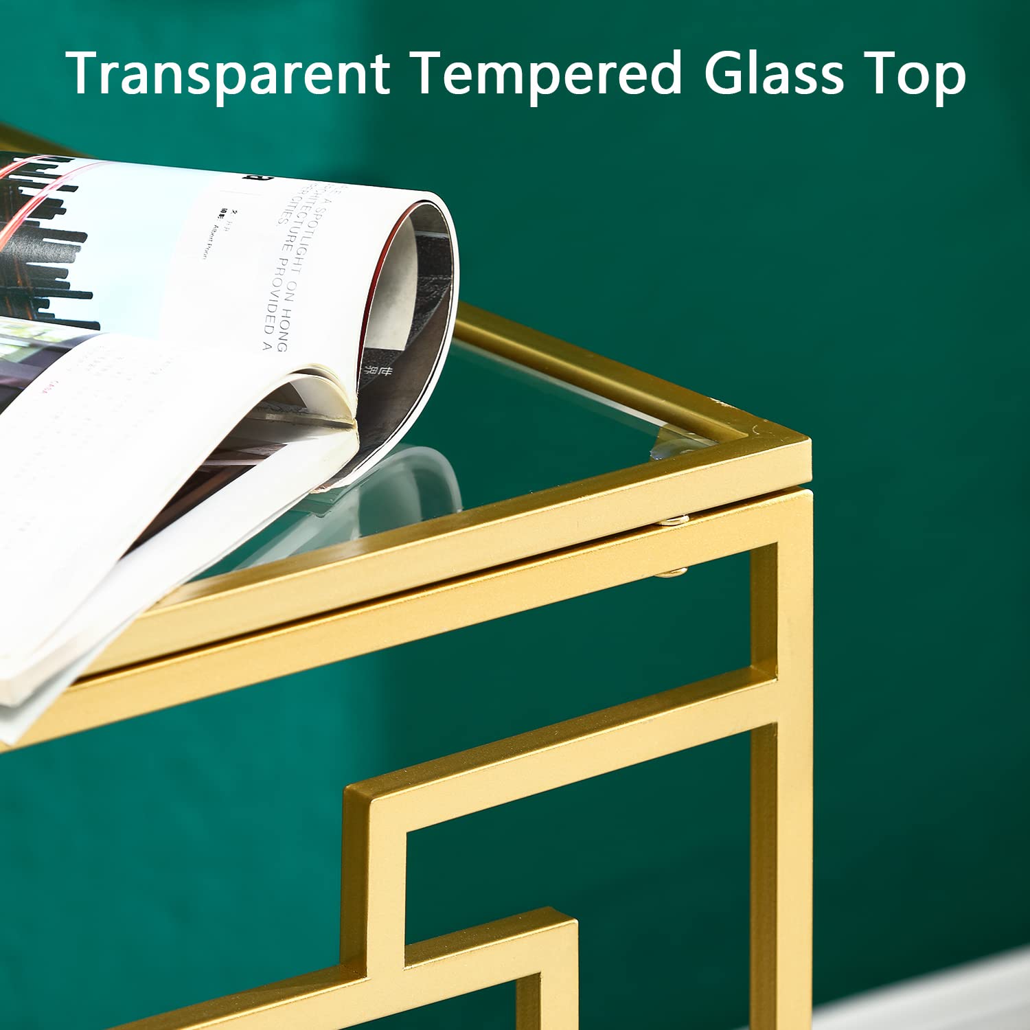 Gold Side Table, Glass Top End Table with Metal Frame, Square Coffee Accent Table Modern