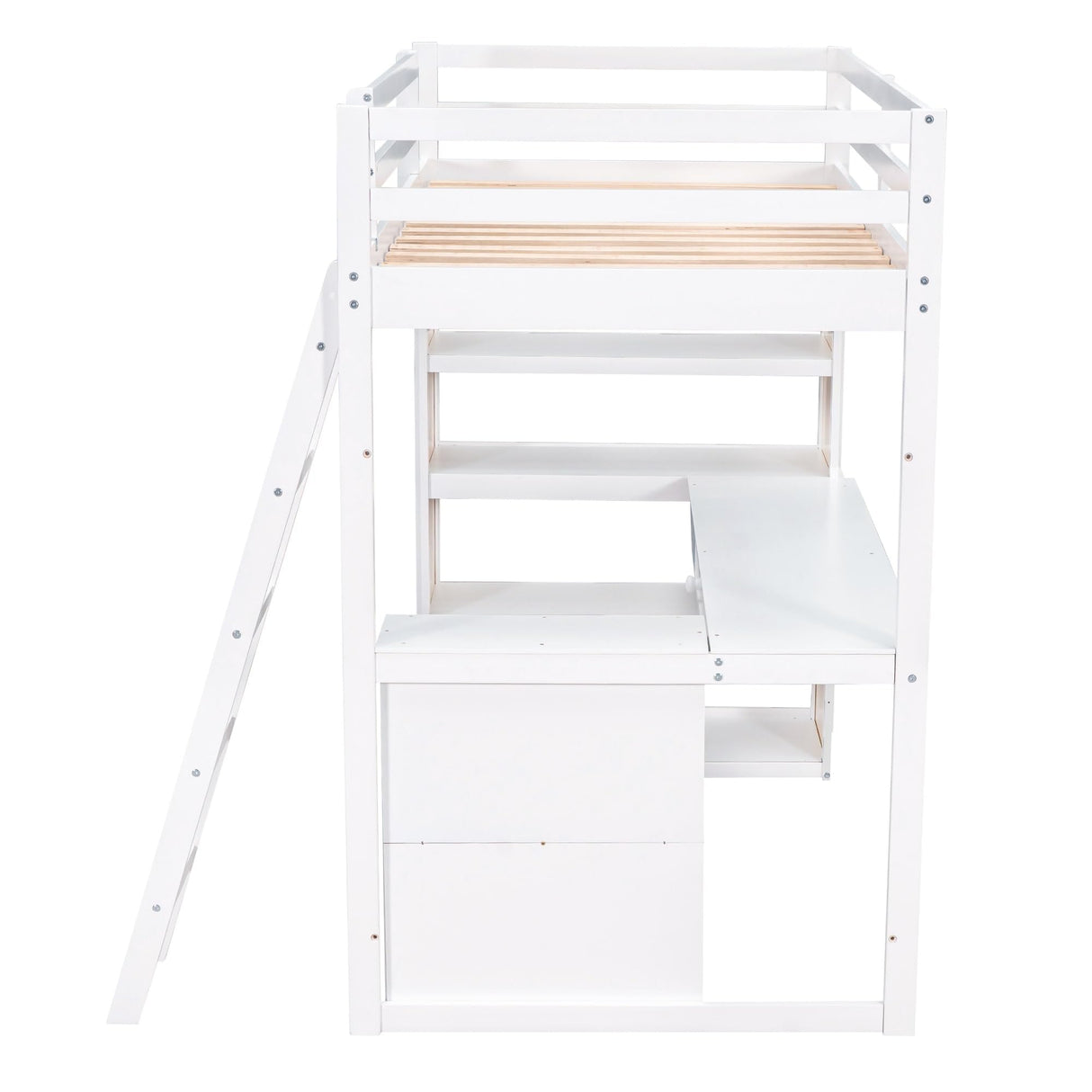 Twin Wood Loft Bed wDesk, Shelves, Drawers, Oleophobic Board, Ladder White - Twin