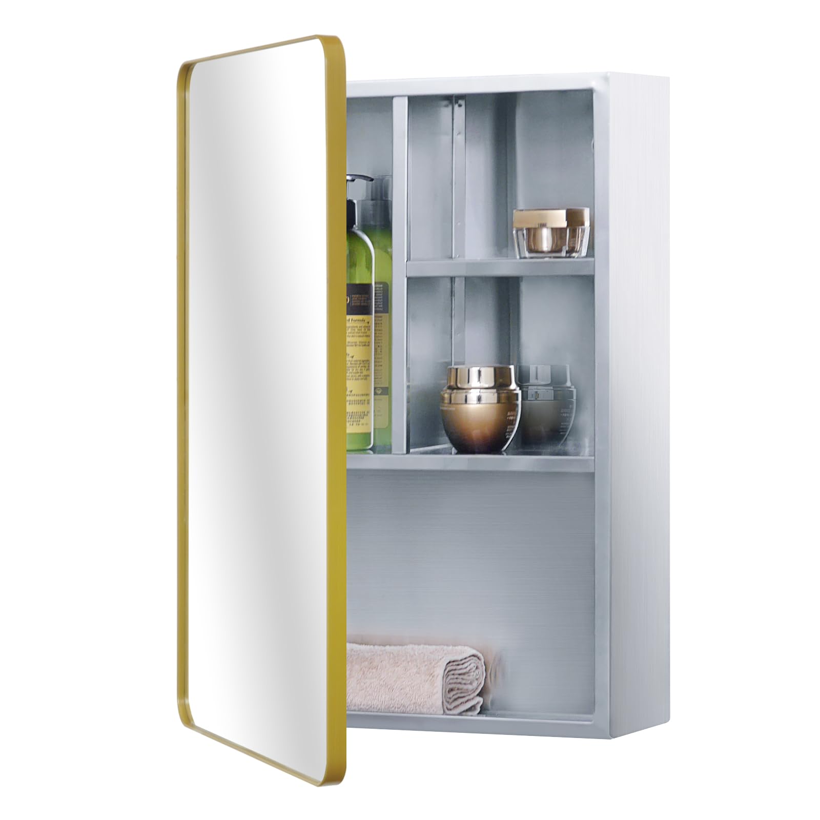 Stainless Steel Medicine Mirror Cabinet for Bathroom with Golden Framed Door