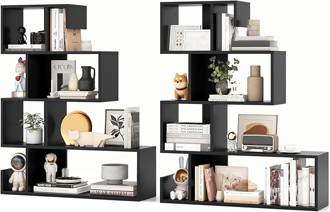 S-Shaped Bookshelf, Geometric Bookcase w/Open Cubes, Modern Decorative Display Shelf w/Anti-Toppling Kits, Freestanding Storage Rack for Living Room, Study, Home, Office, Black