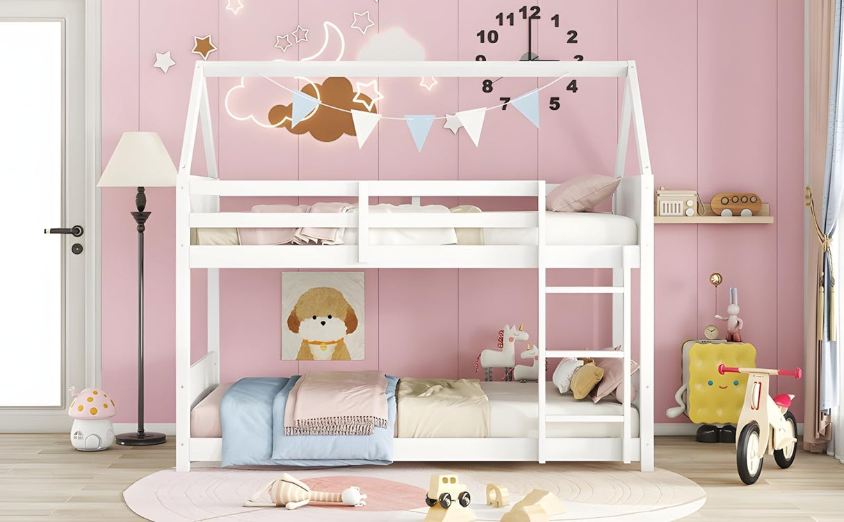 Twin Over Twin House Floor Bunk Bed, Wooden Bunk Bed with Headboards, Footboards, Guardrails and Ladder, Space-Saving Design, Safety Guaranteed, White