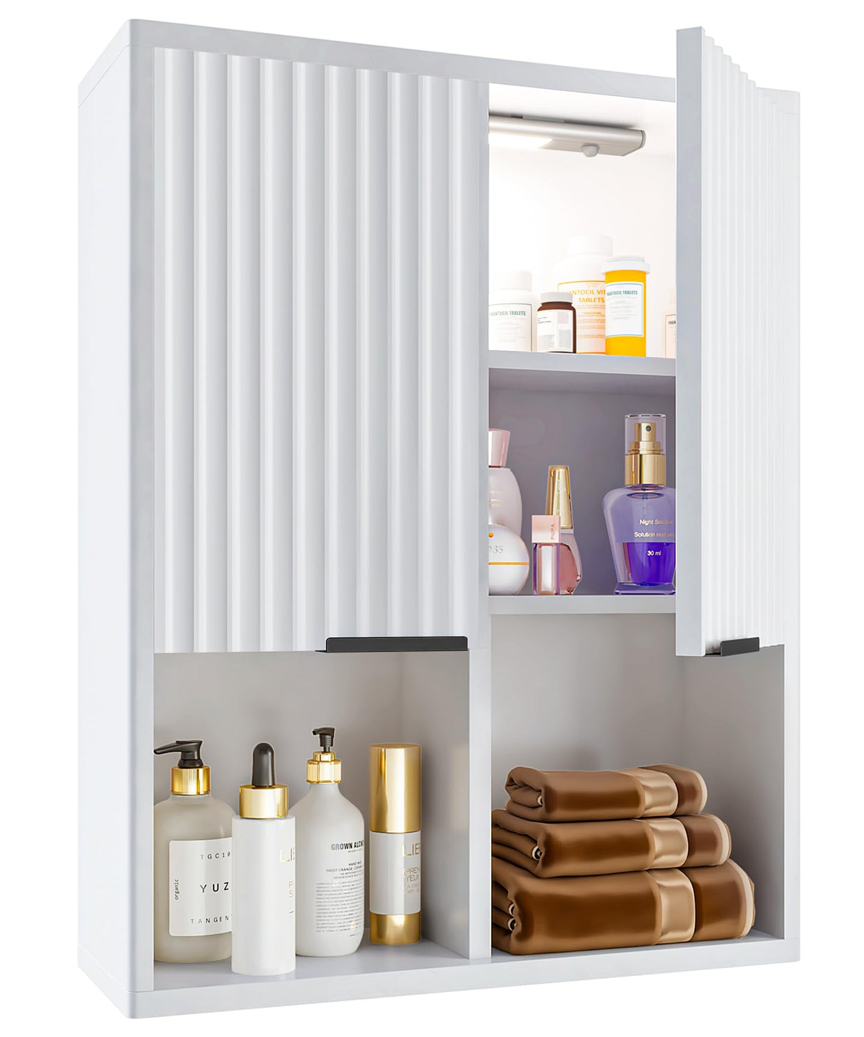 Fluted Bathroom Wall Cabinet with Motion Sensor Light, Curved Profile Wooden Medicine