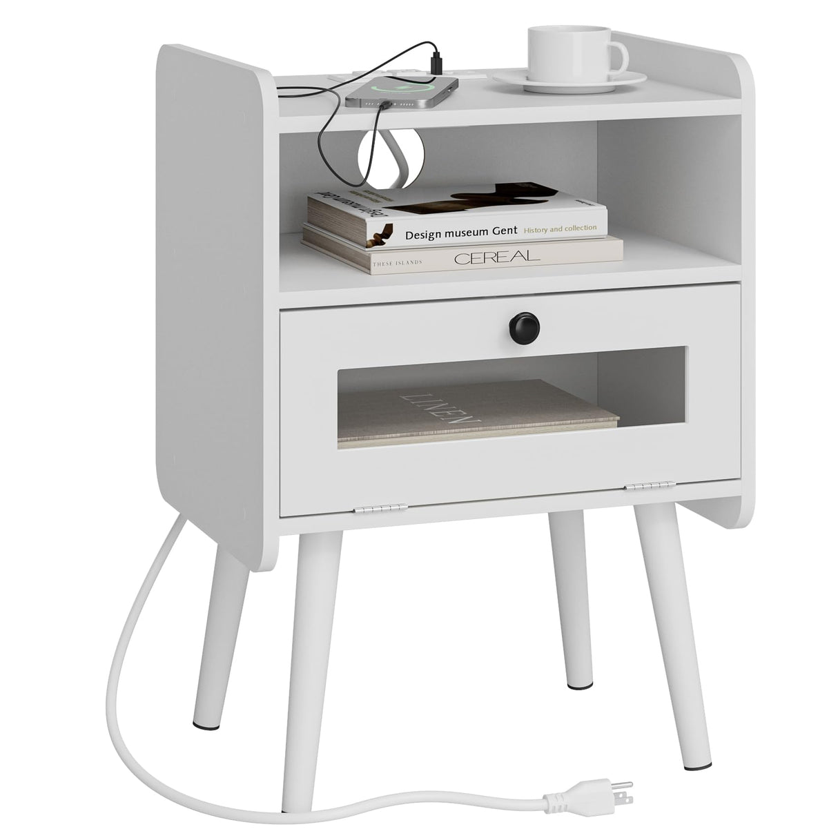 Nightstand with Charging Station,Mid-Century Modern Bedside Table with Storage Drawer